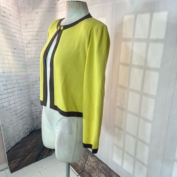 St John collection yellow knit brown trim cardigan size 12 - Picture 3 of 10